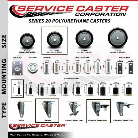 Service Caster 3.5'' Black Poly Wheel Swivel 3/4'' Expanding Stem Caster Set 2 Brakes, 4PK SCC-EX20S3514-PPUB-BLK-2-PLB-2-34